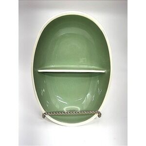 Harkerware USA Vintage Divided Serving Dish Sage Green White Oval Ceramic Bowl